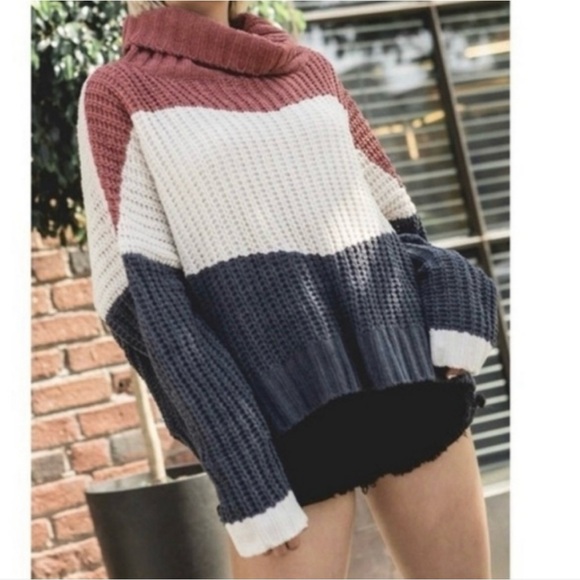 POL Oversized Chenille Chunky Knit Color Block Turtleneck Sweater Size Medium - Picture 4 of 10